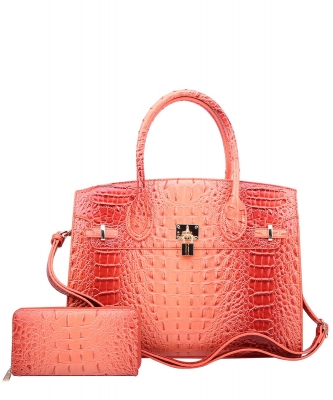 2in1 Fashion Croco Skin Satchel Wallet Set AC1096W BURNT ORRANGE